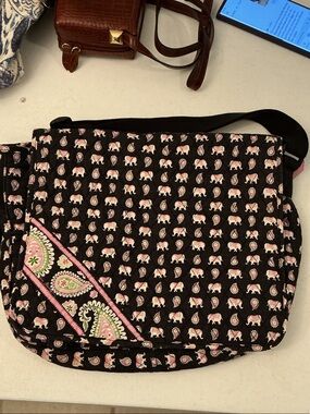 Vera Bradley Black Messenger Bag with Pink Elephant & Paisley Print